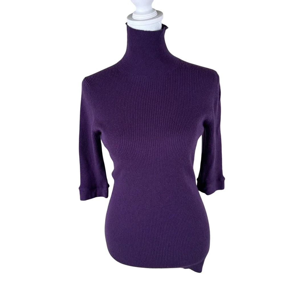 VTG Burberry Turtleneck‎ Sweater Womens M Purple 100% Cashmere Short Sleeve Knit